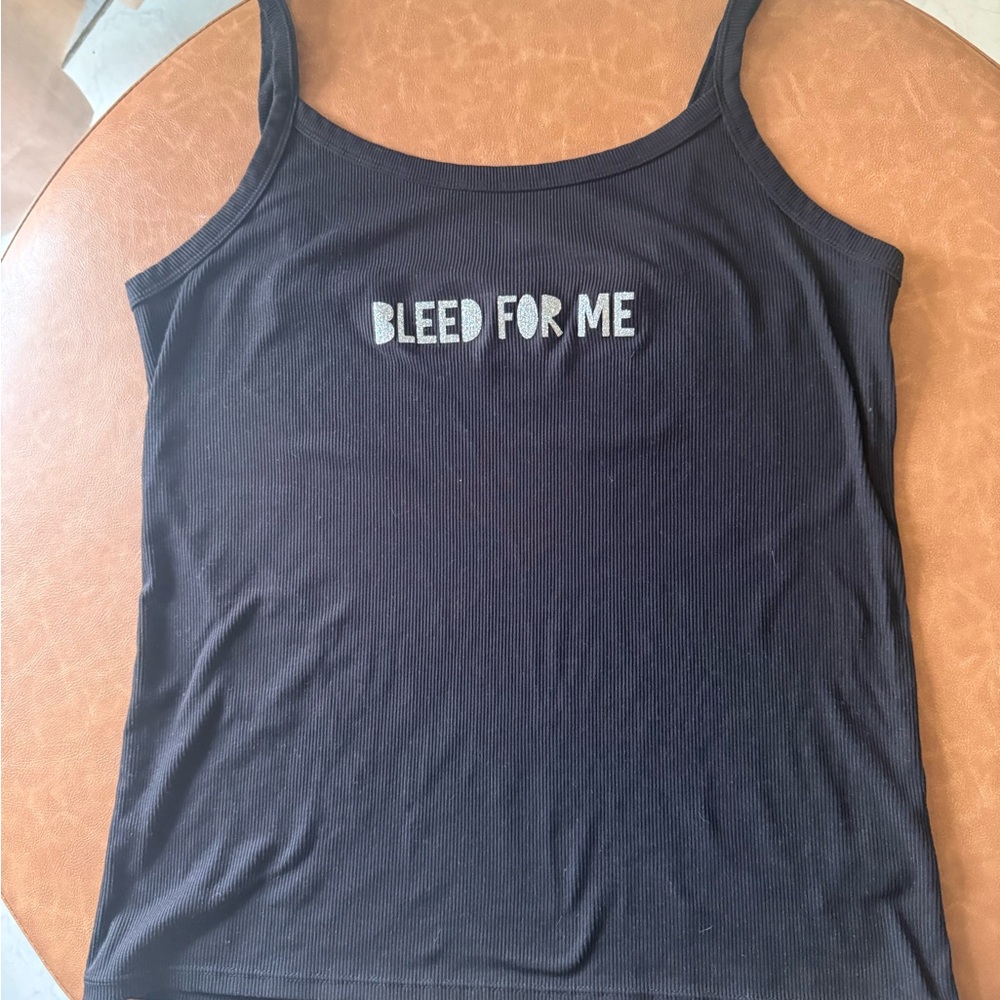 Black Graphic Ribbed Tank Top - "Bleed For Me" silver sparkle design